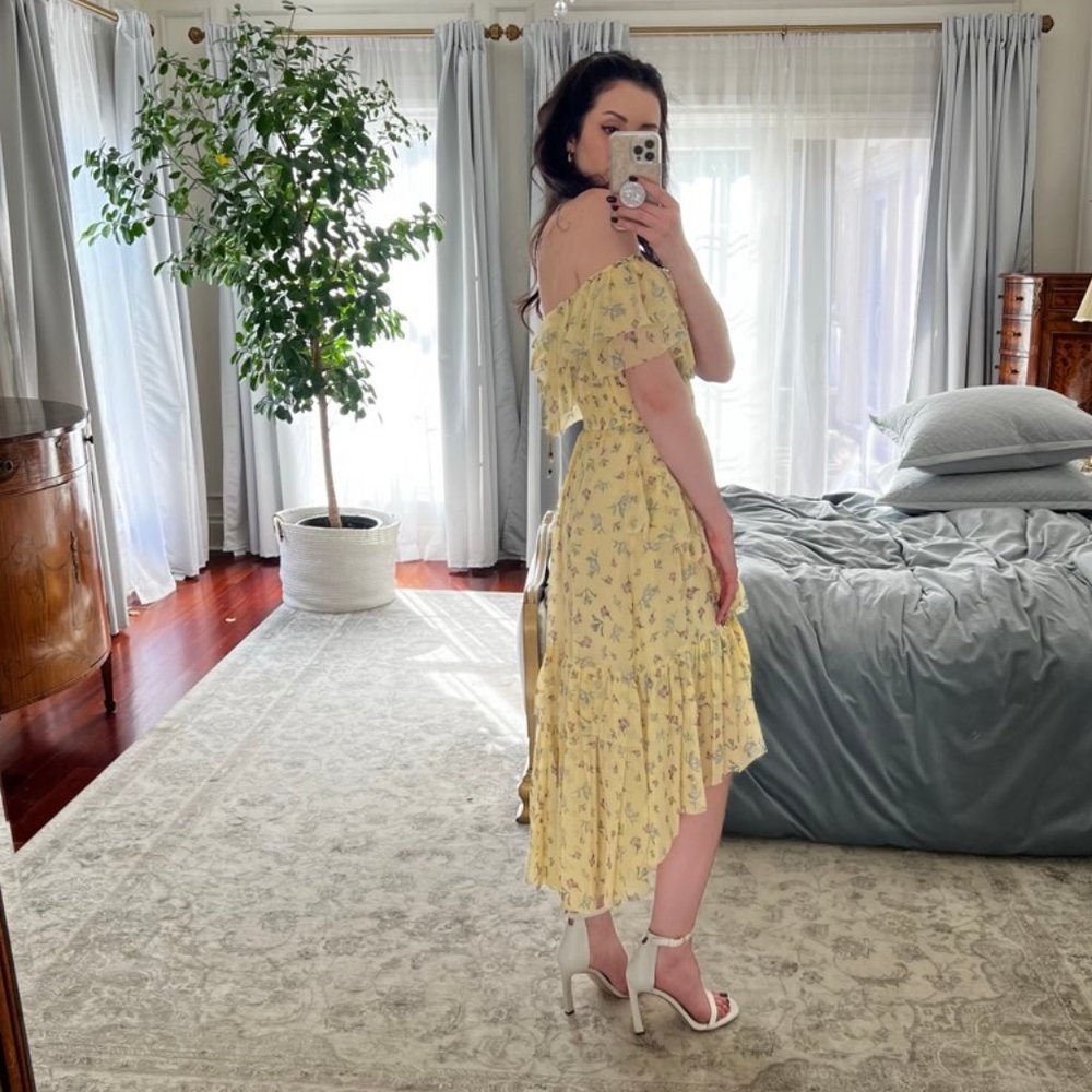Off the Shoulder Pastel Butter Yellow 100% Silk Dress with High Low Hem